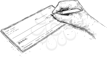 Vector artistic pen and ink drawing illustration of hand filling check or cheque.