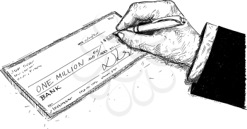 Vector artistic pen and ink drawing illustration of hand of businessman filling one million dollars check or cheque.