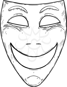 Vector artistic pen and ink drawing illustration of happy smiling comedy mask.