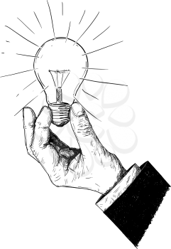 Vector artistic pen and ink drawing illustration of hand of businessman holding light bulb.