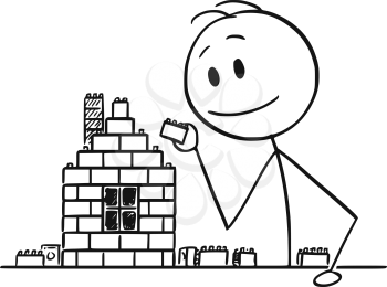 Cartoon stick drawing conceptual illustration of boy, man or businessman playing with brick or block construction toy building a family house.