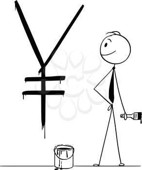 Cartoon stick drawing conceptual illustration of businessman with brush and paint can and big black Japanese Yen currency sign or symbol painted or written on wall.