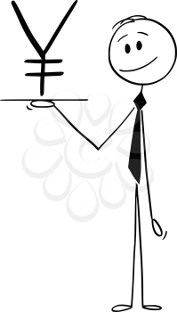 Cartoon stick drawing conceptual illustration of waiter or businessman holding tray or salver and offering Japanese Yen currency symbol or sign.