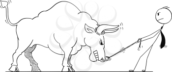 Cartoon stick man drawing conceptual illustration of businessman pulling big bull as rising market prices symbol.