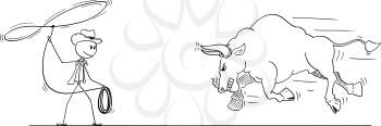 Cartoon stick drawing conceptual illustration of cowboy trying to catch running angry bull with thrown lasso or rope.