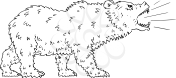 Cartoon drawing conceptual illustration of roaring bear as symbols of falling market prices.