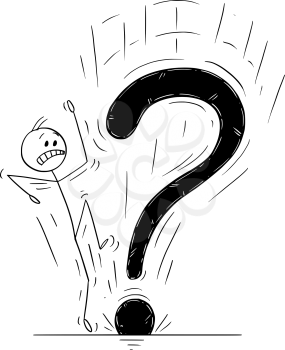 Cartoon stick drawing conceptual illustration of man or businessman startled or frightened by big falling question mark.