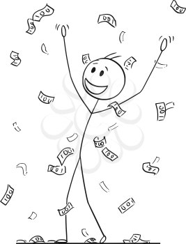 Cartoon stick drawing conceptual illustration of man or businessman celebrating and collecting money or banknotes rain falling from sky. Metaphor of financial success.