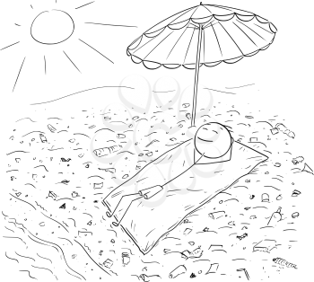Cartoon stick drawing conceptual illustration of man lying on blanked under umbrella enjoying sun and ocean on beach polluted by plastic waste.
