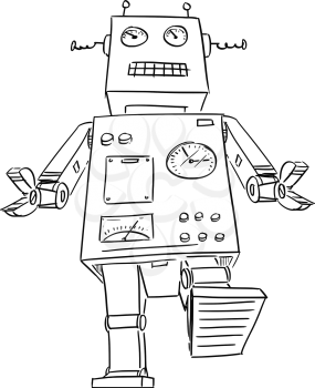 Cartoon Drawing illustration of giant or big retro sci-fi robot walking.