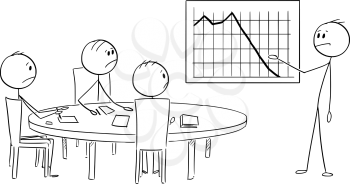 Cartoon stick figure drawing conceptual illustration of businessman presenting graph with bad results on business or work meeting.