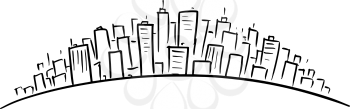 Rough artistic drawing of conceptual cityscape, skyscrapers or modern city on rounded horizon.