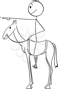 Vector cartoon stick figure drawing conceptual illustration of man or businessman riding or sitting on horse back in saddle and pointing forward with his finger or hand.