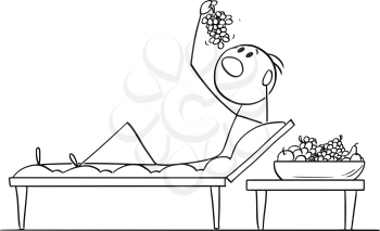 Vector cartoon stick figure drawing conceptual illustration of wealthy man or businessman lying on couch in roman or lucullan style and eating fruit or grapes.
