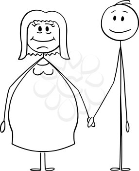 Vector cartoon stick figure drawing conceptual illustration of heterosexual couple of overweight or obese woman and slim man holding hands.