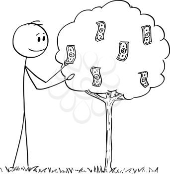 Vector cartoon stick figure drawing conceptual illustration of man or businessman picking or gathering dollar bills, banknotes, money or cash growing on tree as fruit.