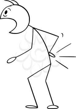 Vector cartoon stick figure drawing conceptual illustration of man with lower back pain.