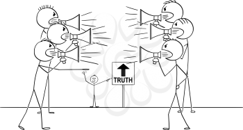 Vector cartoon stick figure drawing conceptual illustration of two groups of people with loudspeakers screaming and fighting. But the are wrong,the truth is elsewhere.