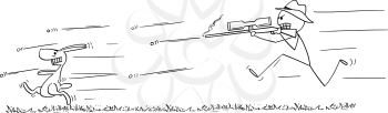 Vector cartoon stick figure drawing conceptual illustration of man with rifle or hunter running or chasing and shooting at rabbit or hare or jackrabbit.