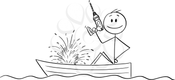 Vector cartoon stick figure drawing conceptual illustration of happy man or businessman sitting in rowing boat with electric drill in hand and watching the boat sinking. Concept of failure.