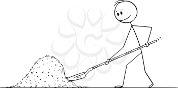 Vector cartoon stick figure drawing conceptual illustration of man or construction worker or builder with shovel shoveling big pile of dirt or sand.
