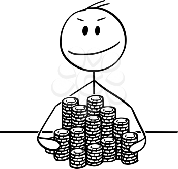 Vector cartoon stick figure drawing conceptual illustration of successful winner man or businessman with piles of poker or roulette casino chips.