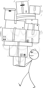 Vector cartoon stick figure drawing conceptual illustration of man or businessman carrying or balancing big pile of carton or paper boxes.