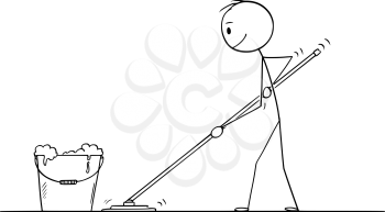 Vector cartoon stick figure drawing conceptual illustration of man mopping or cleaning the floor.