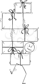 Vector cartoon stick figure drawing conceptual illustration of man carrying or balancing big pile of christmas or birthday gifts.