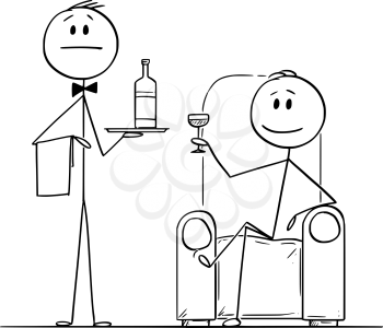 Vector cartoon stick figure drawing conceptual illustration of rich man sitting in armchair or chair, with glass in hand and his servant or valet in standing near and holding bottle on tray.