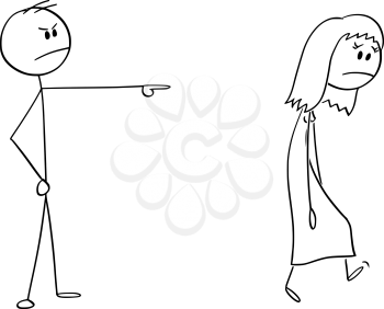 Vector cartoon stick figure drawing conceptual illustration of angry man or boss expelling woman, forcing her to leave.