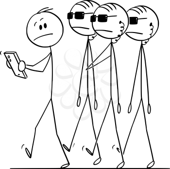 Vector cartoon stick figure drawing conceptual illustration of man with mobile phone followed and controlled by government secret service agents or spies. Concept of privacy.