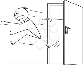 Vector cartoon stick figure drawing conceptual illustration of man or businessman kicked out of the door.