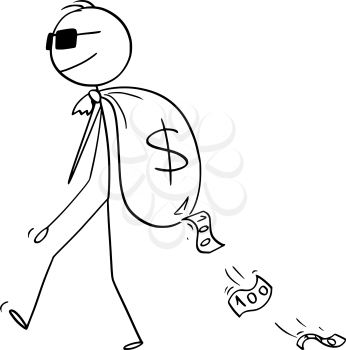 Vector cartoon stick figure drawing conceptual illustration of man, criminal, secret agent or businessman with sunglasses carrying bug money bag on his bag with dollar currency symbol.