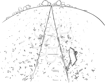 Vector cartoon pen and ink drawing of road or path forward through grass, meadows and nature. Concept of future and destiny.