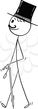 Cartoon stick figure drawing conceptual illustration of mustached gentleman walking with top hat and stick or cane.