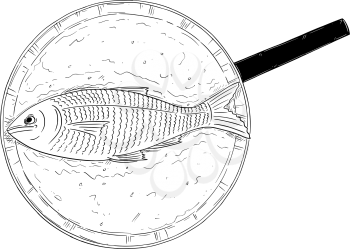 Cartoon drawing illustration of top view of fish food cooked on frying pan.
