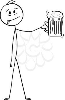 Cartoon stick figure drawing conceptual illustration of man holding glass half-litter beer mug or pint.