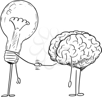 Cartoon stick figure drawing conceptual illustration of brain and lightbulb or light bulb characters shaking hands. Business concept of creativity and intelligence.
