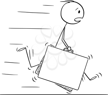 Cartoon stick figure drawing conceptual illustration of man or businessman in hurry running with two big classic suitcases in hands.
