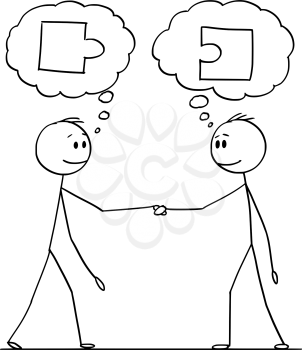Cartoon stick figure drawing conceptual illustration of two men or businessmen or politicians handshaking with matching jigsaw puzzle pieces in speech bubbles.