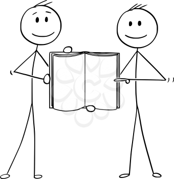 Cartoon stick figure drawing conceptual illustration of two men or businessmen holding together open book showing blank pages.