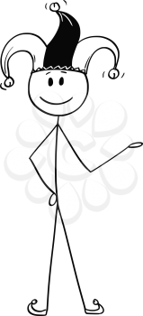 Cartoon stick figure drawing conceptual illustration of smiling man or businessman in jester costume offering or showing something.