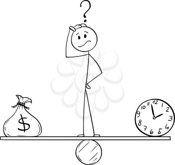 Vector cartoon stick figure drawing conceptual illustration of man or businessman standing on seesaw between clock and bag with dollar symbol and balancing money and time.