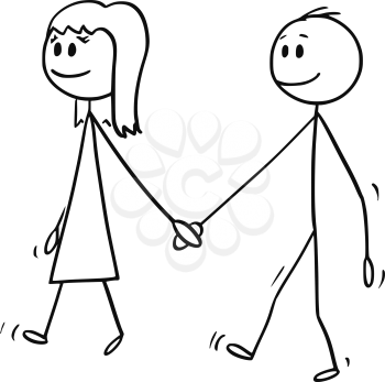 Vector cartoon stick figure drawing conceptual illustration of girl and boy holding hands and walking together.