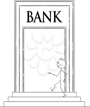 Vector cartoon stick figure drawing conceptual illustration of confident man or businessman walking through big door and entering bank building.