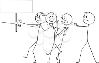 Vector cartoon stick figure drawing conceptual illustration of man or businessman or manager forcing rest of the team to do something or go somewhere. Hand with empty sign.