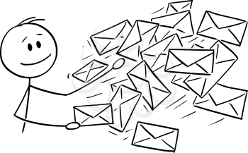 Vector cartoon stick figure drawing conceptual illustration of postman, man or businessman sending post or mail envelopes.