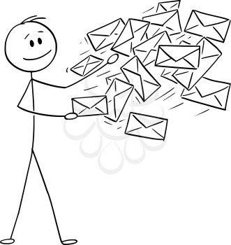 Vector cartoon stick figure drawing conceptual illustration of postman, man or businessman sending post or mail envelopes.