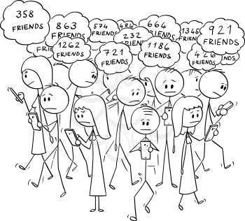 Vector cartoon stick figure drawing conceptual illustration of group of people or pedestrians walking and using online social networks on mobile phones, and thinking about online friends.